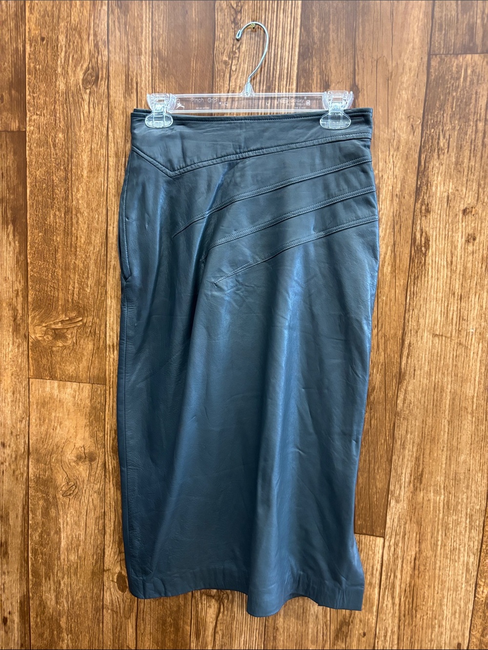 Re’em Sleek Gray Leather Midi Skirt with Diagonal Seam Detail